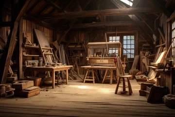 Papier Peint photo Ancien avion Traditional woodworking shop in an old attic with vintage tools