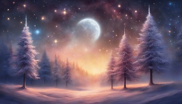 winter forest in the night A magical Christmas with a row of trees and a starry sky. The trees are enchanted and alive  