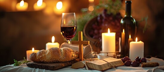 Symbolic Last Supper with wine, bread, suffering cross, candles, and Bible. - obrazy, fototapety, plakaty