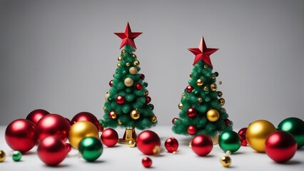 christmas tree decoration A white background with a green geometric christmas tree and red and yellow balls and a star 