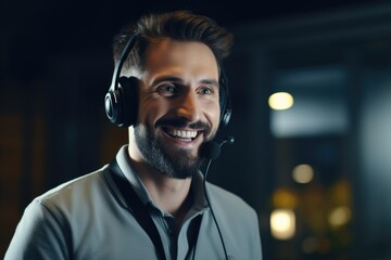 Smiling young businessman with headset working on office computer