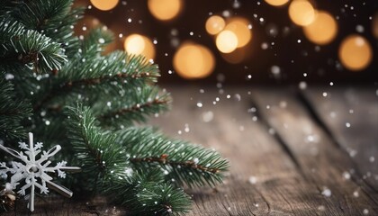 Obraz premium christmas tree decoration Christmas Fir Tree On Wooden Background With Snowflakes 