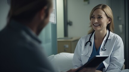 "Modern healthcare connection: A female doctor with a tablet talks to a smiling patient in a hospital.