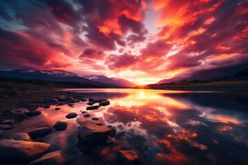 Beautiful sunset over mountain lake
