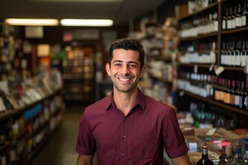 Fototapeta premium Smiling male bartender at a vintage liquor store