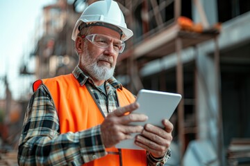 Middle aged man using tablet at construction site