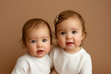 Cute Caucasian identical twin toddlers against a pastel brown background - obrazy, fototapety, plakaty