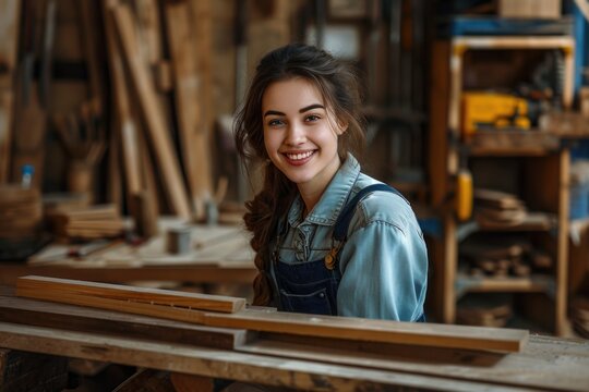 Smiling young woman working in carpentry shop
