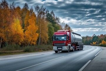 Fototapeta na wymiar Semi Truck Transporting a Silver Tanker Trailer on a Highway