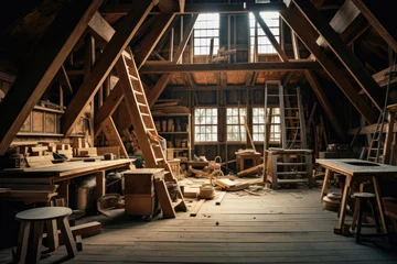 Gartenposter Alte Flugzeuge Traditional woodworking shop in an old attic with vintage tools