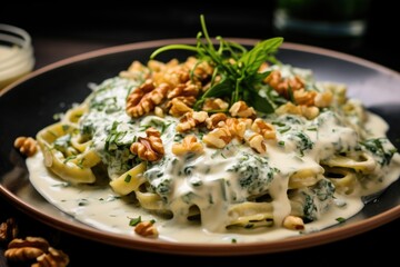 Pasta with cream sauce, spinach, and walnuts on plate