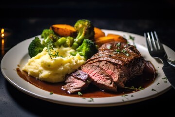 Close up sliced roast beef with vegetables served on a plate