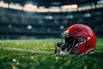 American football helmet on the pitch in stadium