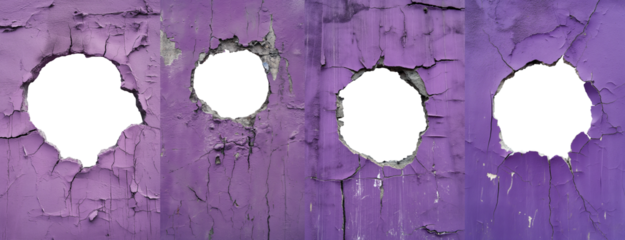 Hole in a purple concrete wall. Cracked wall texture. Old peeling purple paint. Grunge texture with a shattered hole in the center.