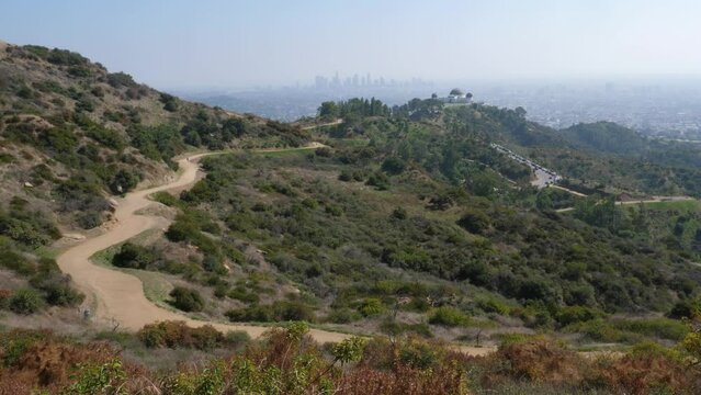 View of trails in Griffith Park including Griffith Observatory and Los Angeles.