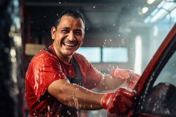 Portrait of a smiling male hispanic worker in car wash - obrazy, fototapety, plakaty