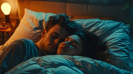 Young handsome couple sleeping in bed at home at night - obrazy, fototapety, plakaty