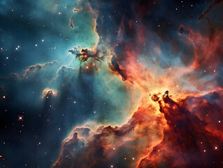 Vibrant hues swirl in a cosmic dance among twinkling stars and galaxies, showcasing the endless...
