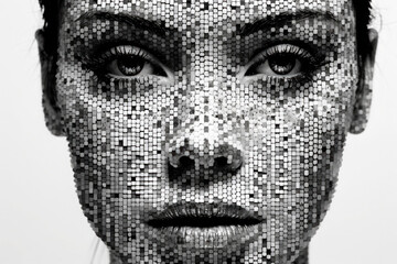 Woman portrait made of many pieces. Digital simulation of female face. Human looking at camera from matrix
