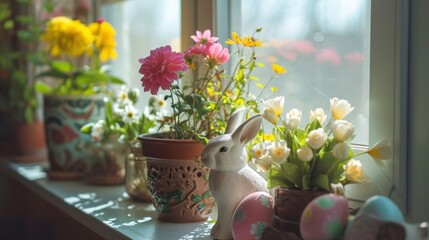 Fototapeta na wymiar Potted Blooms, Easter Eggs, and Miniature Bunny Decor