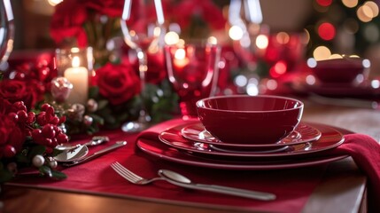 Fototapeta premium Red linens, elegant dinnerware, and romantic candlelight