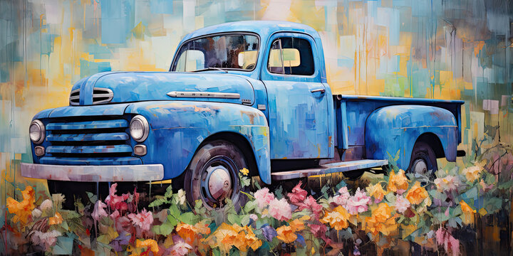 Old blue Truck in an oil painting style. Home Decor painting. Generative AI