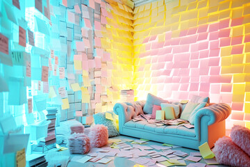 Modern room with a lot of post-it reminders on the walls and white furniture. neon light. Overwelming