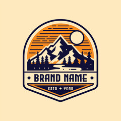  vintage adventure outdoor badge. Camping emblem logo with mountain and tree illustration