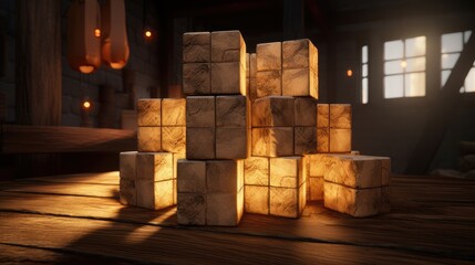 wooden cubes on a wooden surface that are illuminated by diffuse lighting