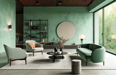 living room in green color with wood furniture