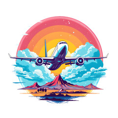 colorful airplane at sunset on mountain, circle shape, vibrant colors, t-shirt design, isolated on white
