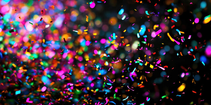 Bright colorful confetti on black background, neon light. Party backdrop