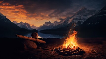 a fire in a mountain environment during the dark, the lighting, shadows and location of the fire correspond to the natural surroundings