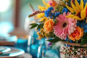 a dining table featuring a stunning centerpiece of fresh