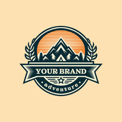  vintage adventure outdoor badge. Camping emblem logo with mountain and tree illustration
