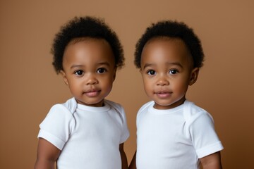 Cute African American identical twin toddlers against a pastel brown background