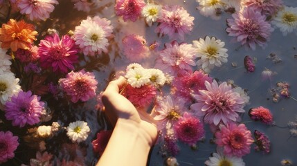 flowers in water and a woman's hand, scene from top to bottom to highlight the flowers and possible quote, emphasizing the concept of care and self-love