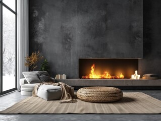 modern interior flat and living room with fireplace - obrazy, fototapety, plakaty