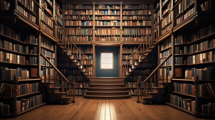 library, books are arranged symmetrically and orderly to create a visually pleasing and realistic composition