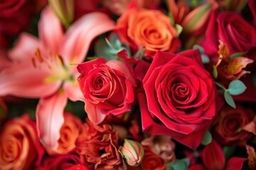 Bouquets of red roses, delicate lilies, and aromatic petals