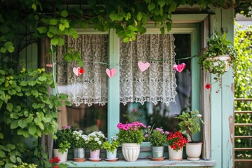 Fototapeta na wymiar Heart garlands, lace curtains, and blooming potted flowers