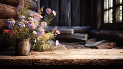 wildflowers in a transparent flowerpot are arranged naturally, as if they had just been picked and placed, against a background of antique wooden boards