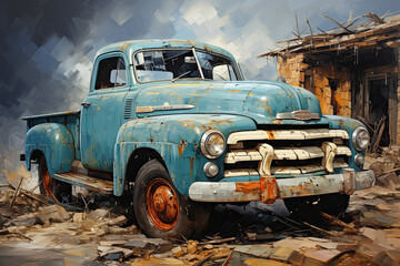 Old blue Truck in an oil painting style. Home Decor painting. Generative AI