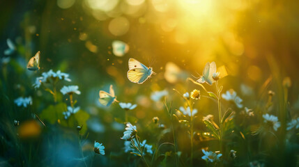 Fototapeta na wymiar A tranquil scene with butterflies in a beautiful morning light
