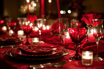 Obraz na płótnie Canvas Red linens, elegant dinnerware, and romantic candlelight