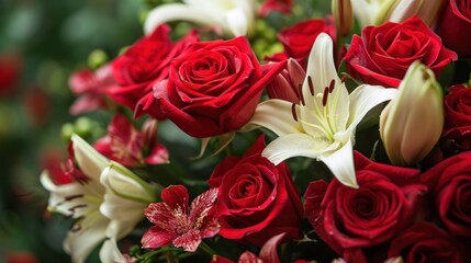 Bouquets of red roses, delicate lilies, and aromatic petals
