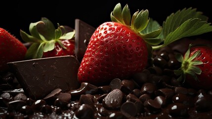 the texture of chocolate icing and juicy strawberries, the shine of chocolate and the natural shine of strawberries gives tactility and realism