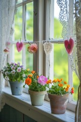 Heart garlands, lace curtains, and blooming potted flowers