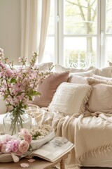 A beautifully decorated living room, adorned with pastel-colored cushions, throws