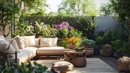 An outdoor terrace adorned with potted plants, comfortable seating